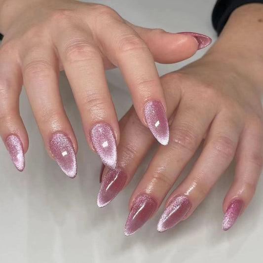 Pink Transparent Cat Eye Medium Almond Nail Tips