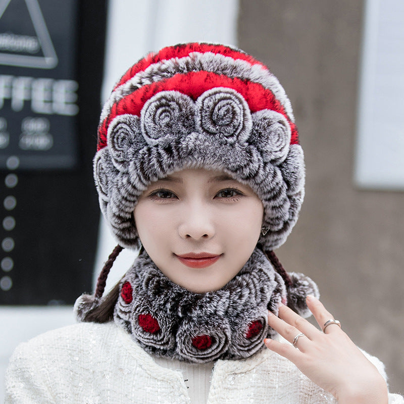 Warm Real Rabbit Fur Ear Flap Hat & Scarf Set