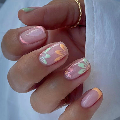 Mid-Length French Ombre Floral Nails for Sweet Girls