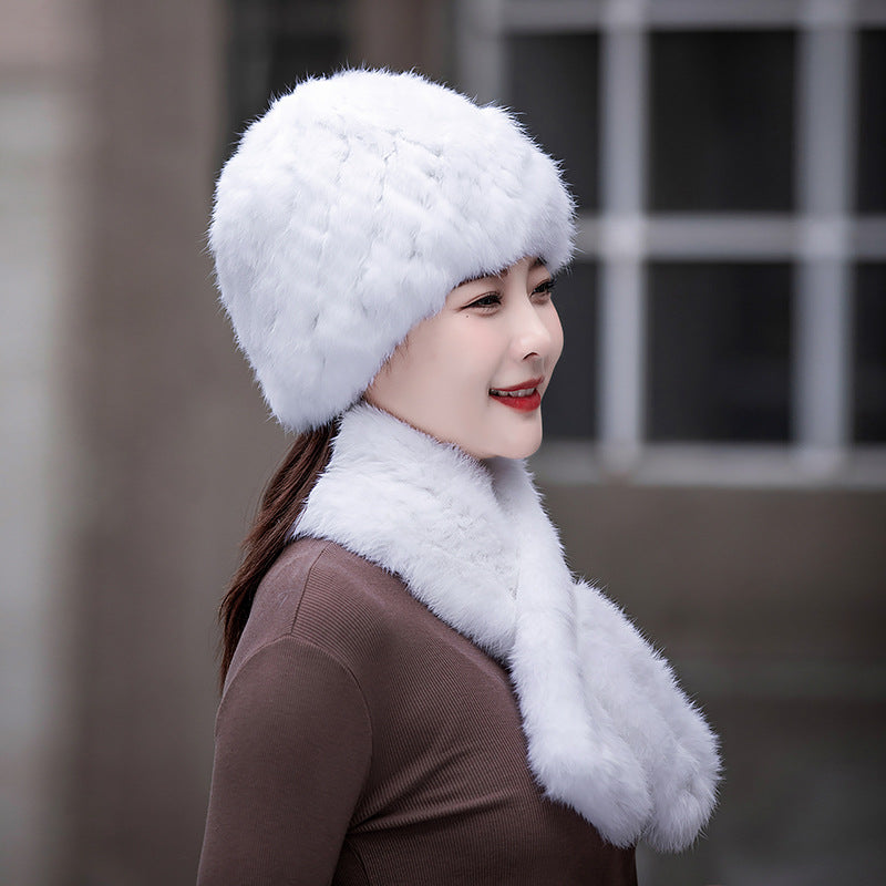 Warm Snow Rabbit Fur Ear Flap Hat & Scarf Set