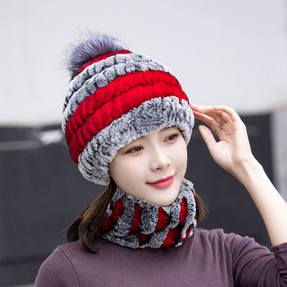 Warm Real Rabbit Fur Ear Flap Hat & Scarf Set