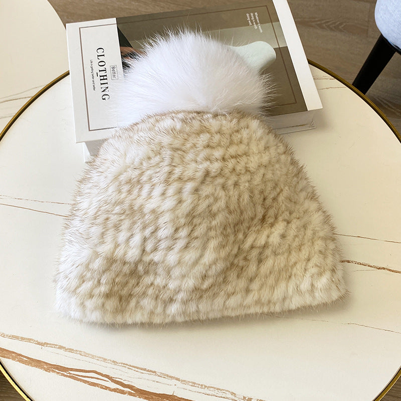 Women's Striped Fur Blend Hat with Real Rabbit Fur Pom Pom