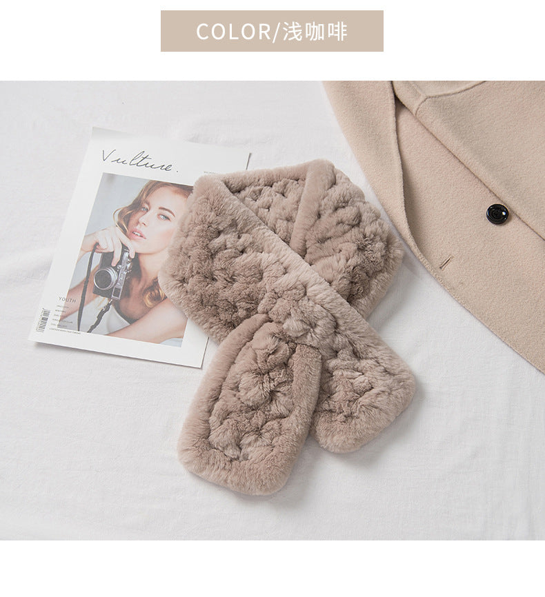 Real Rabbit Fur Scarf with Diamond Pattern - Winter Warmth