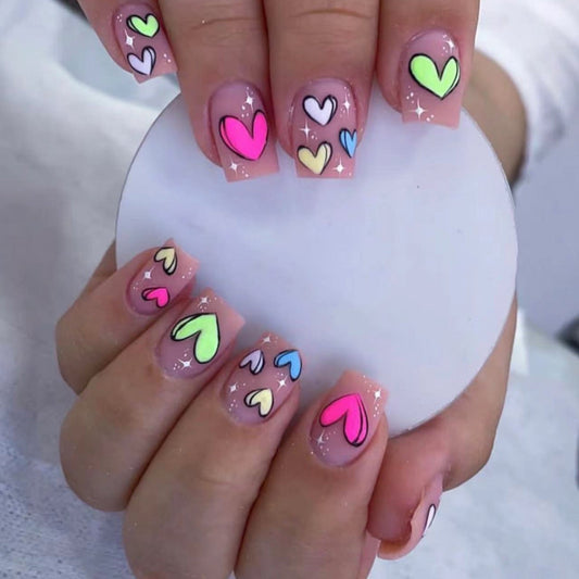 Pink Matte Square Nails with Rainbow Heart Design