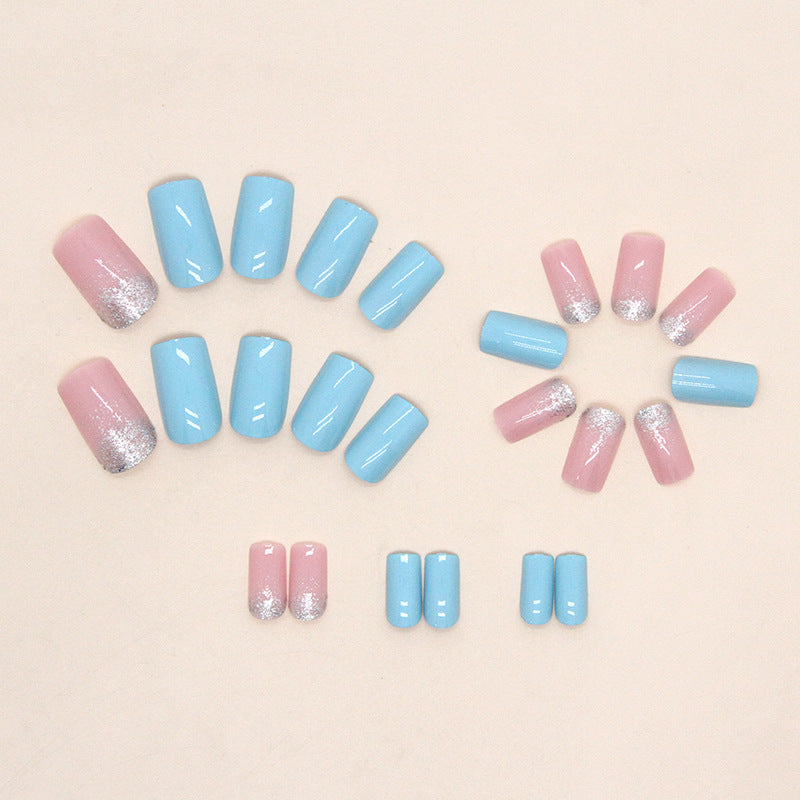 Solid Blue Nails, Fresh with Pink Glitter Accen