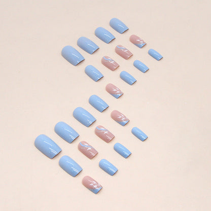 24-Piece Light Blue Leaf Nails - Summer, Sweet & Cool