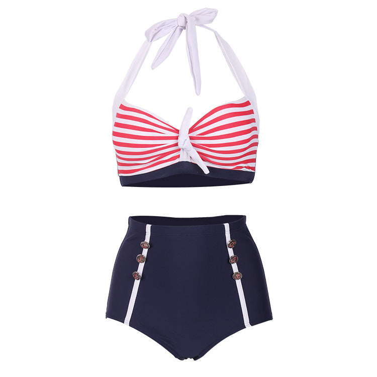 Bikini High-Waisted Bottom Set with Retro Striped Design Swimsuit