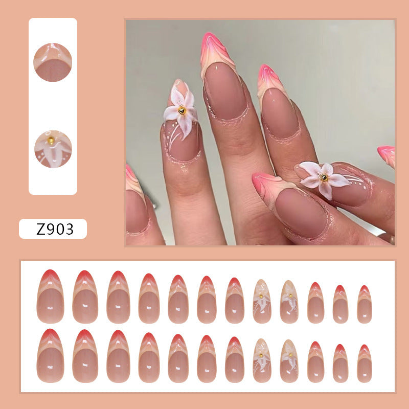 24-Piece Almond French Nail Stickers with 3D Orchids