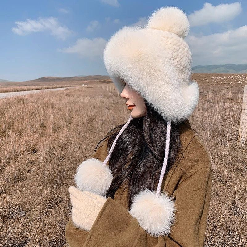 Winter Women's Mink Fur Hat with Fox Pom Pom - Stylish & Warm