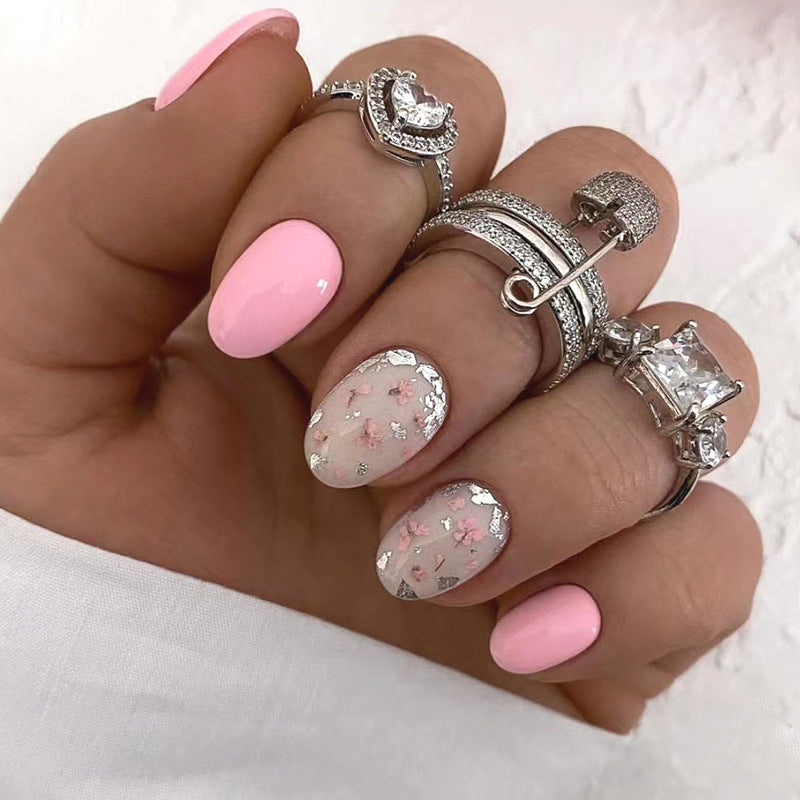 Cute Short Oval Floral Nails Pink Tender Fashion Sweet Girl Fake Nails-homeunderwear