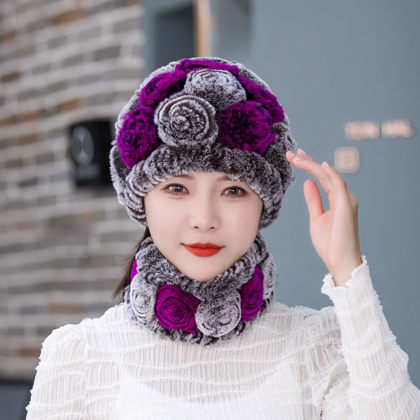 Warm Real Rabbit Fur Ear Flap Hat & Scarf Set