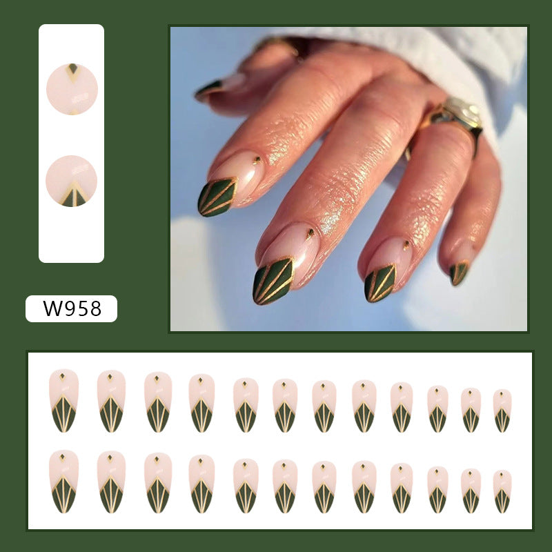 Glamorous Emerald Green French Nail Art with Gold Trim