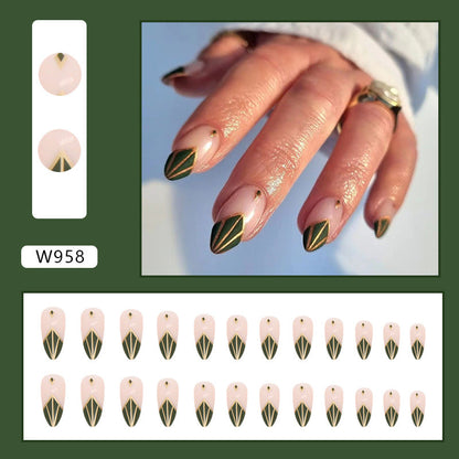 Glamorous Emerald Green French Nail Art with Gold Trim