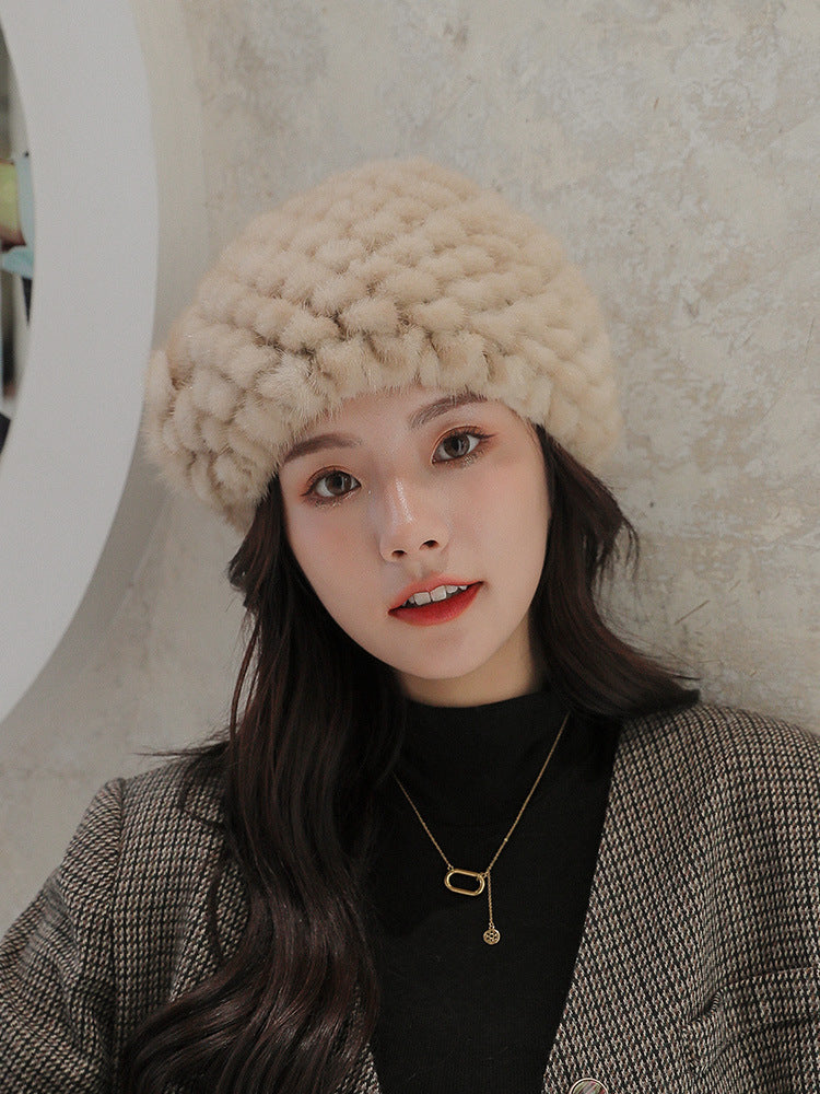 Warm Mink Fur Beret with Faux Flower - Winter Accessory