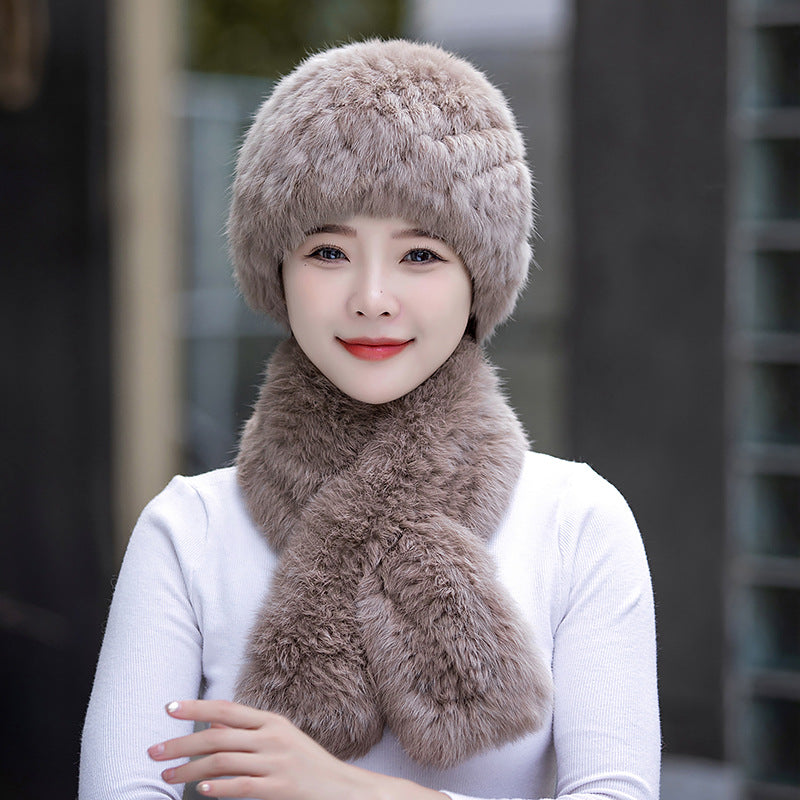 Warm Snow Rabbit Fur Ear Flap Hat & Scarf Set