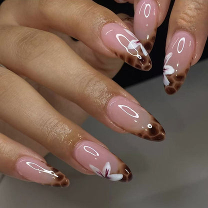 24-Piece Almond French Nail Stickers with Leopard Print