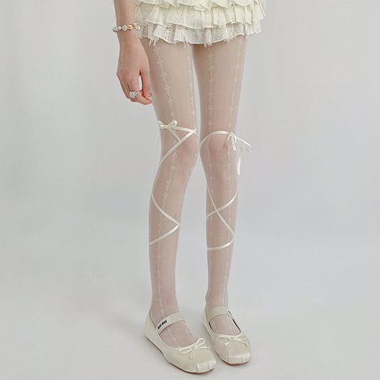 Summer Slim Retro Strap Bow White Silk Jk Pantyhose