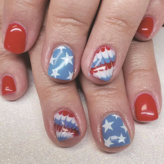 4th of July Shiny Short Square Nails with Star Feather Design