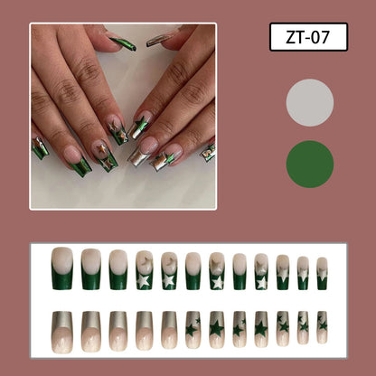 Rock Metal Green Silver Asymmetrical French Nails with Stars