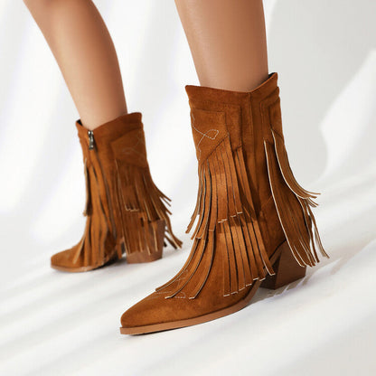 Embroidered Suede Ankle Tassel Accents and Contrast Colors Boots-Homeunderwear