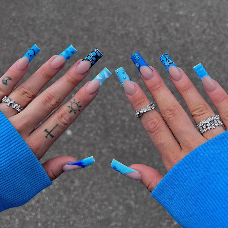 Long Blue Press-On Nails for Durable Wear