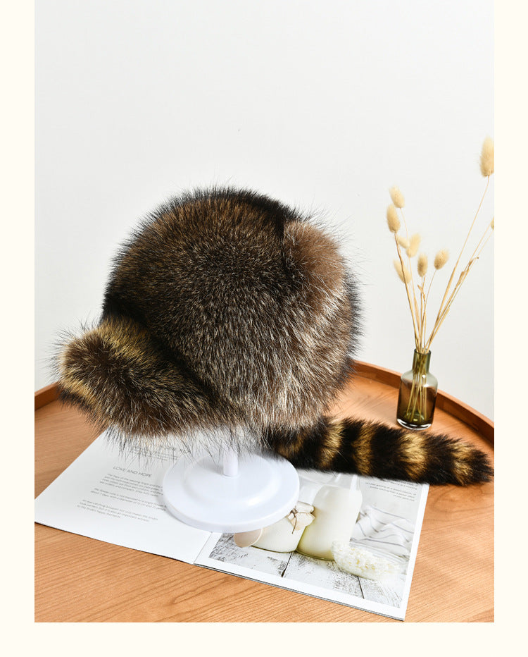 Warm Raccoon Fur Hat with Ear Flaps