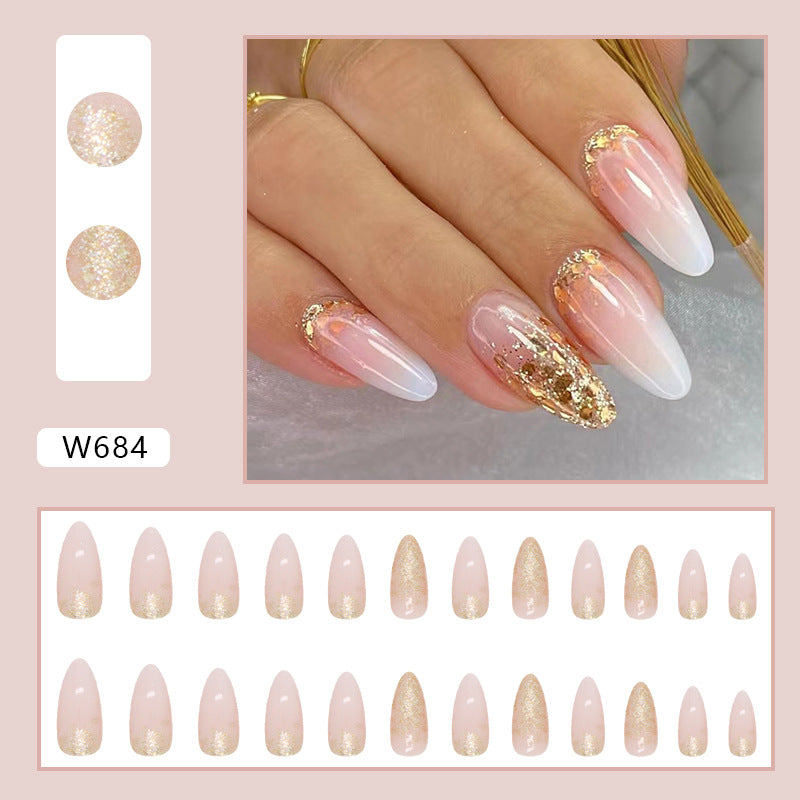 Simple Pure Desire Almond Nails Sparkling Gold Powder Gradient Euro Ins Style Fake Nails-homeunderwear