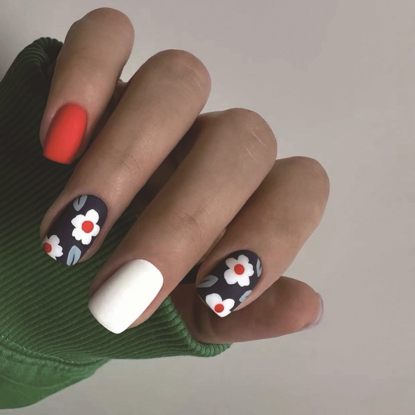 Japanese-Style Red Blue White Matte Short Square Nails with Floral Design