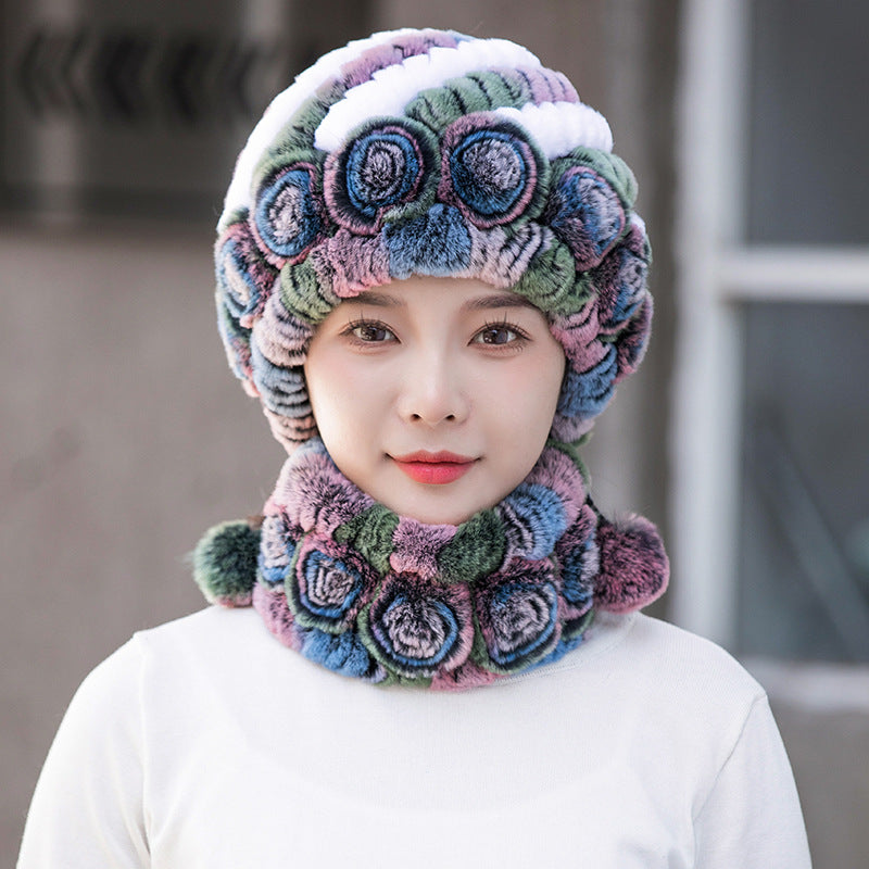 Warm Real Rabbit Fur Ear Flap Hat & Scarf Set