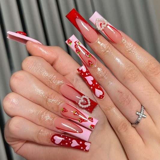 Valentine's Day Pink 3D Heart Pearl Long French Strawberry Nail Art Tips-Homeunderwear