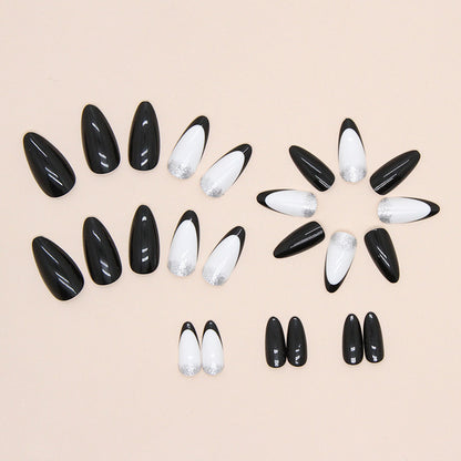 Almond-Shaped Black French Nails, Shiny and Chic-Homeunderwear