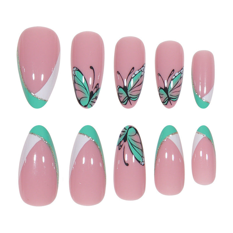 Almond Shape Butterfly Glitter Nail Extensions, Ready-to-Wear