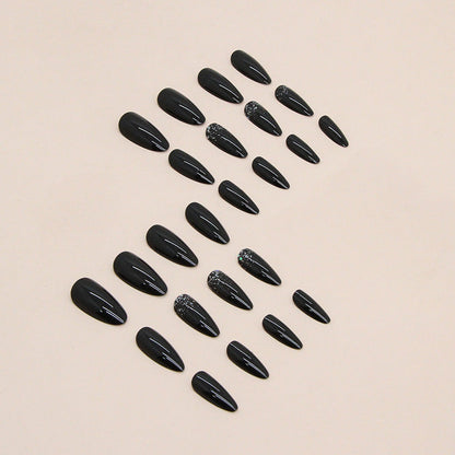 24-Piece Black & Silver Almond Nails - Ins Style,