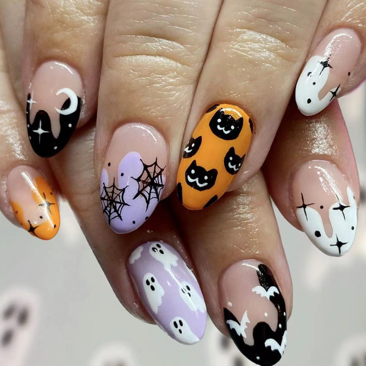 Oval Ombre French Tip Cartoon Ghost Demon Nebula Moon Nail Tips