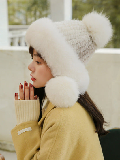 Cute Fox Fur Pom Pom Hat - Women's Winter Ear Flap Hat