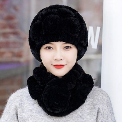 Winter Rex Rabbit Fur Ear Flap Hat & Scarf Set