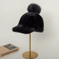 Warm Mink Fur Baseball Cap with Fox Pom Pom - Winter Fashion