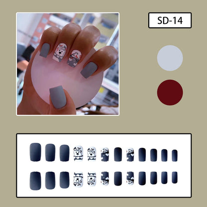 Grey Matte Short Square Nails with Polar Bear and Christmas Tree Designs