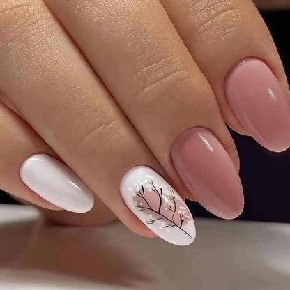 Almond Nails - Soft Peach, Leaf Silhouette, Ready-Made