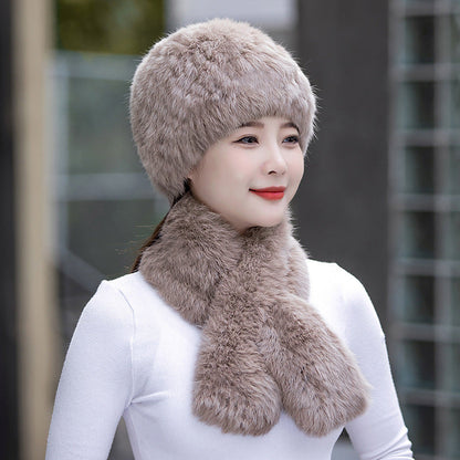 Warm Snow Rabbit Fur Ear Flap Hat & Scarf Set