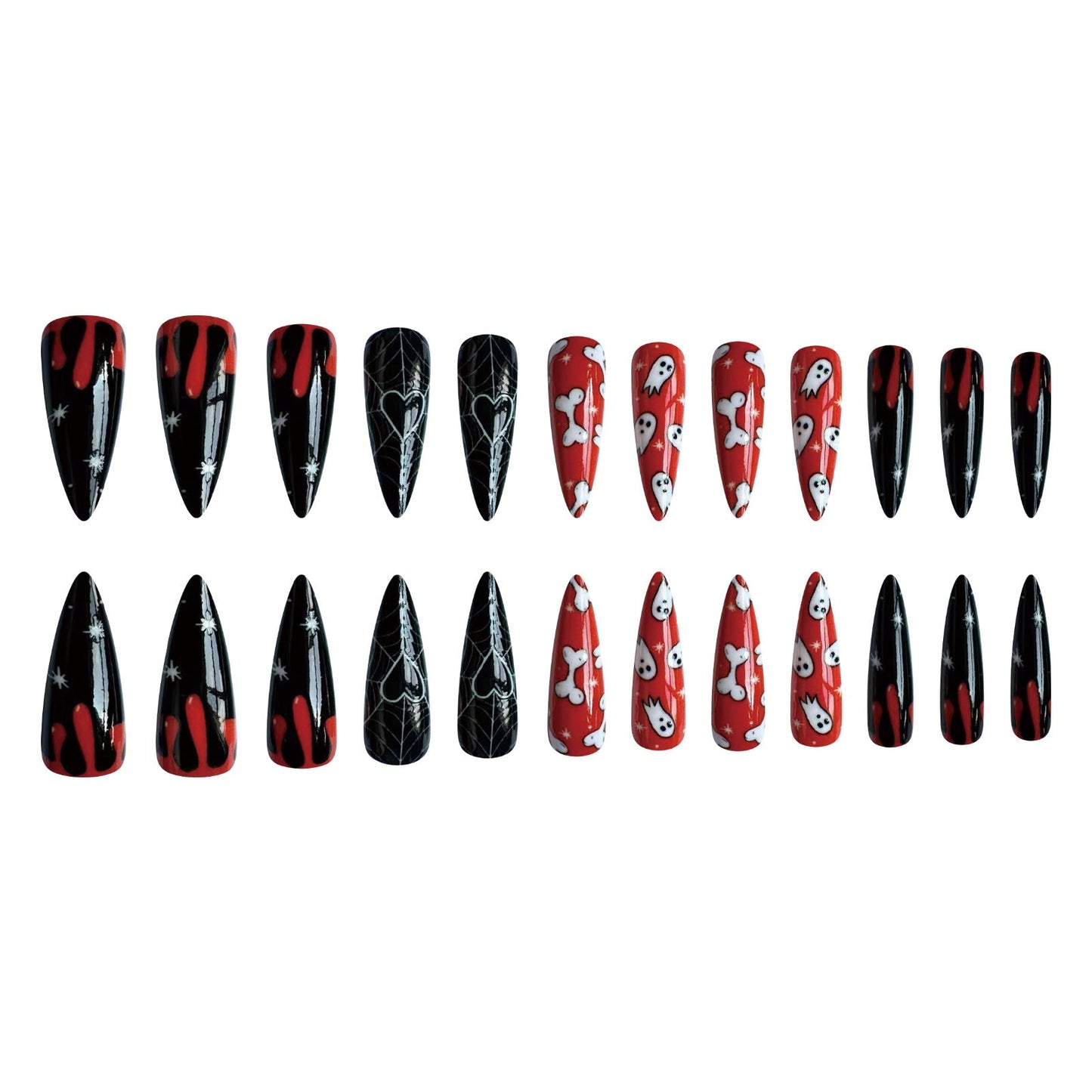 Halloween Long Pointed Black Orange Nails with Skeleton and Spider Web Designs