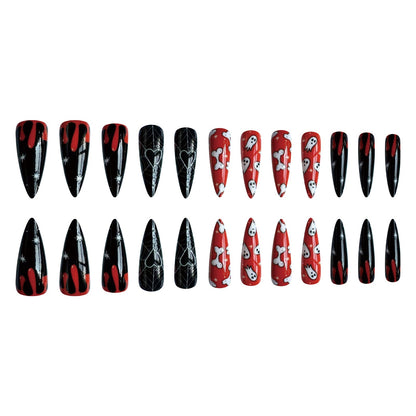 Halloween Long Pointed Black Orange Nails with Skeleton and Spider Web Designs