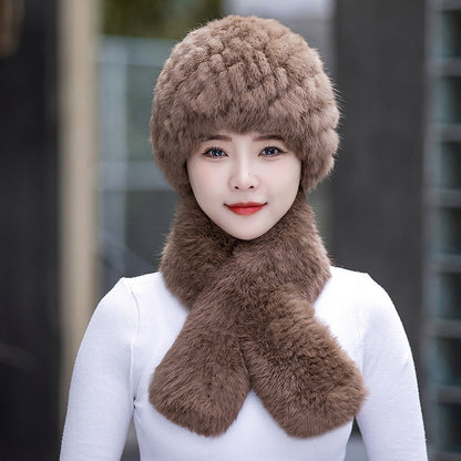 Warm Snow Rabbit Fur Ear Flap Hat & Scarf Set