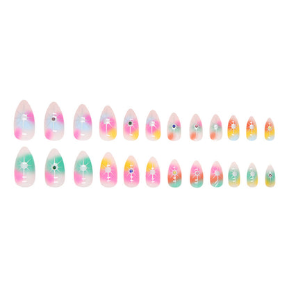 Colorful Rainbow Star Diamond Nails Euro Star Almond Fake Nails Spicy Girl Halloween-homeunderwear