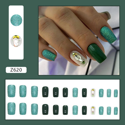 Spring Summer Flashy Fresh Green Diamond Nails, Medium Length Square-Homeunderwear