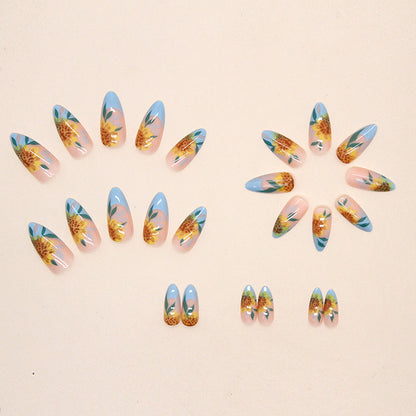 Almond Shape Round Sunflower Nails, Sweet and Edgy, Summer New Arrival-Homeunderwear