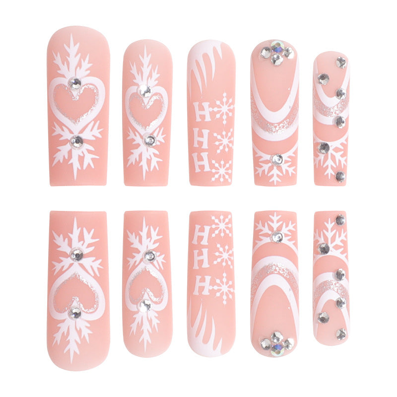 White Christmas Snowflake Heart Nail Extensions with Rhinestones