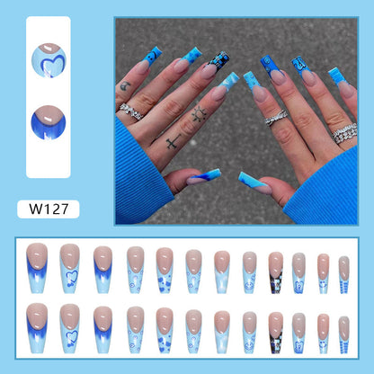 Long Blue Press-On Nails for Durable Wear