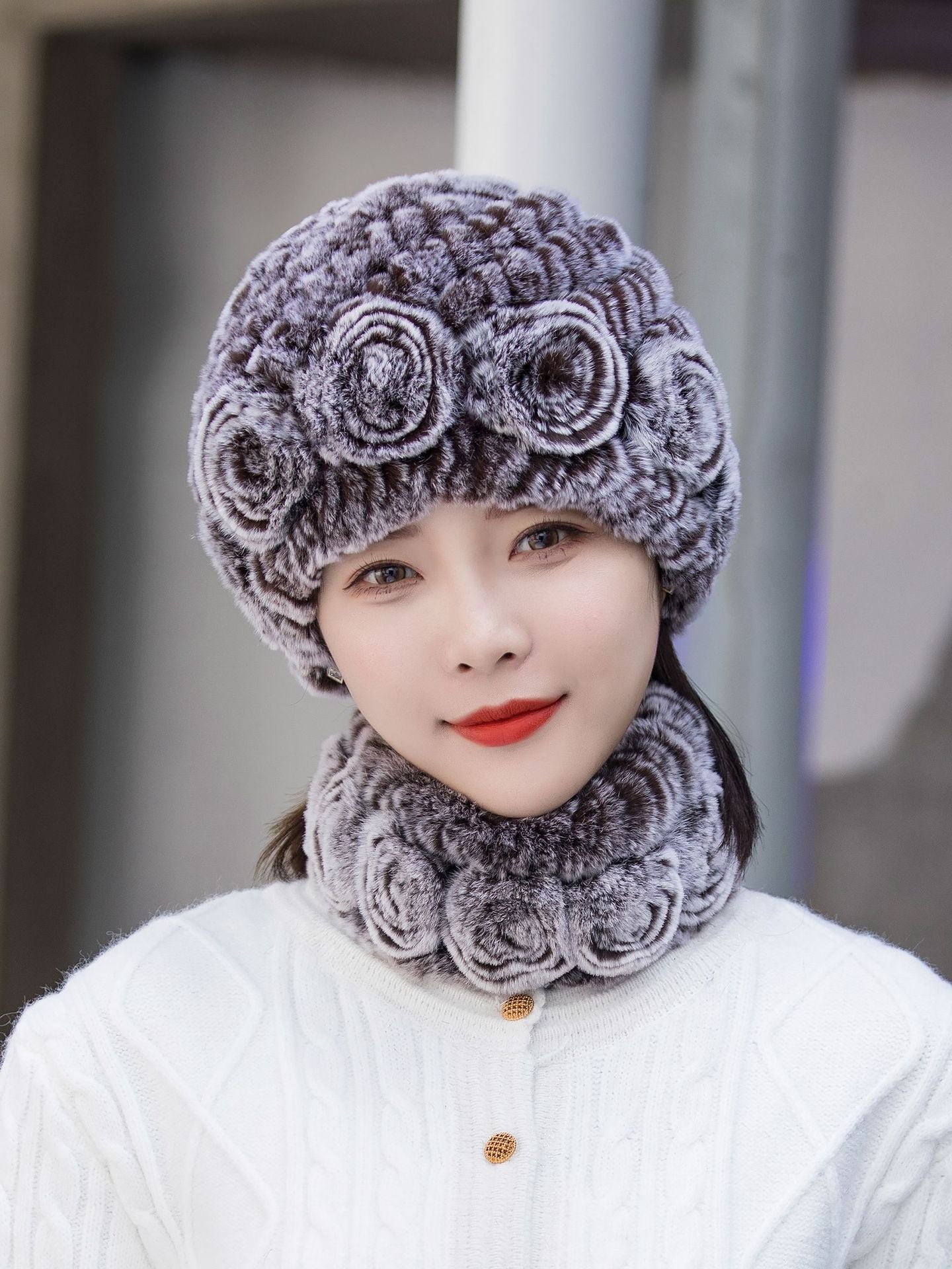 Warm Real Rabbit Fur Ear Flap Hat & Scarf Set