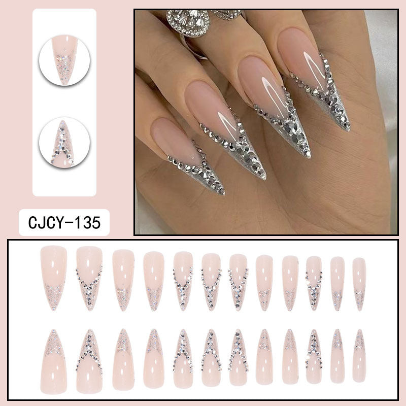 Long French Bridal Nails with Glitter and Rhinestones